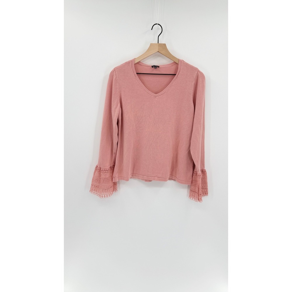 Romantic Feminine V-Neck Crochet Lace Bell Sleeve Sweater XL Cottagecore Boho